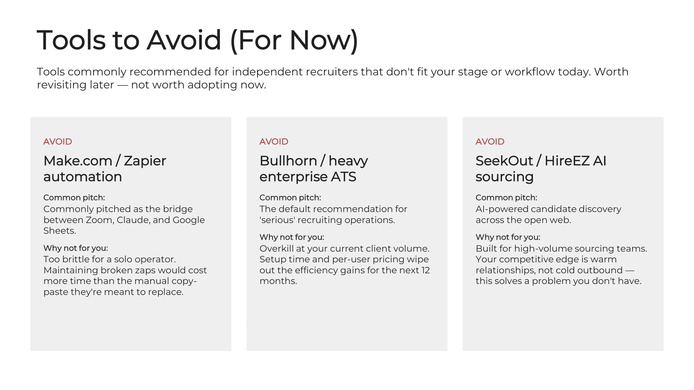 Tools to Avoid page from a real assessment