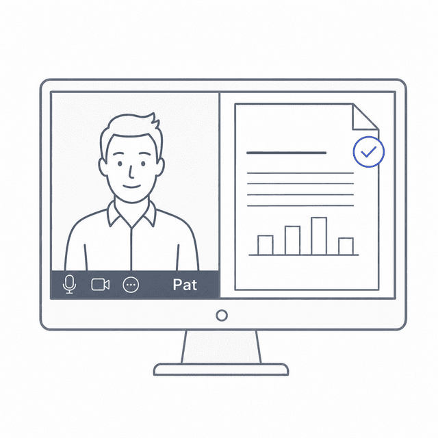 Desktop monitor showing Pat on a video call alongside the assessment report